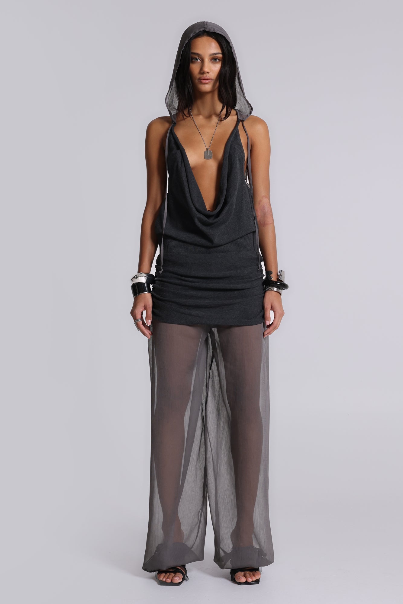 Lurien Backless Hooded Chiffon Knit Top