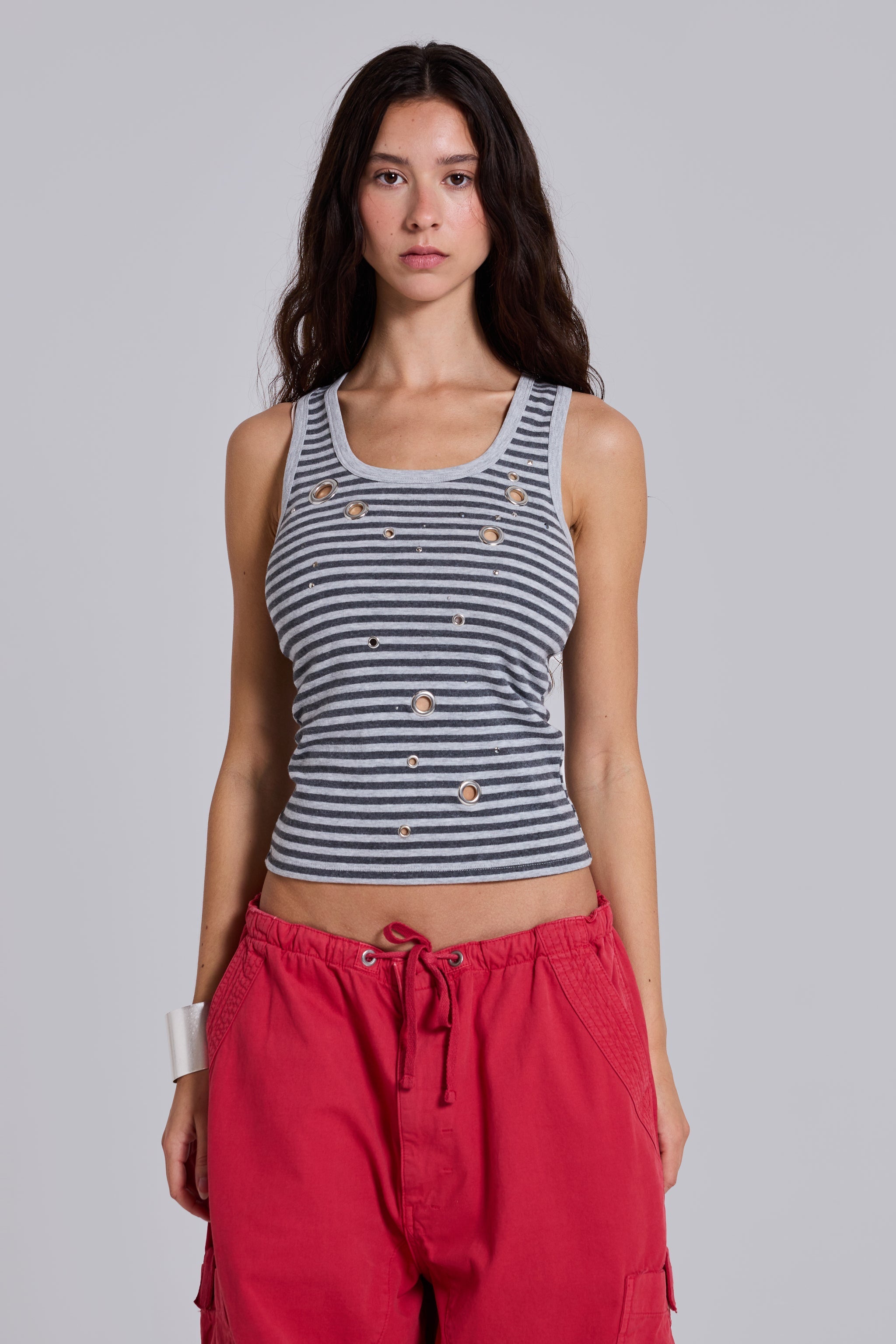 Eye Contact Vest Top With Eyelets in Stripe