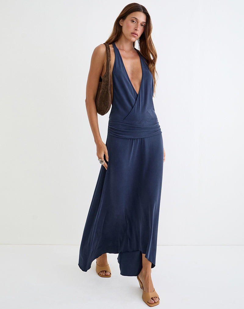 Kiku Maxi Dress in Cupro Navy