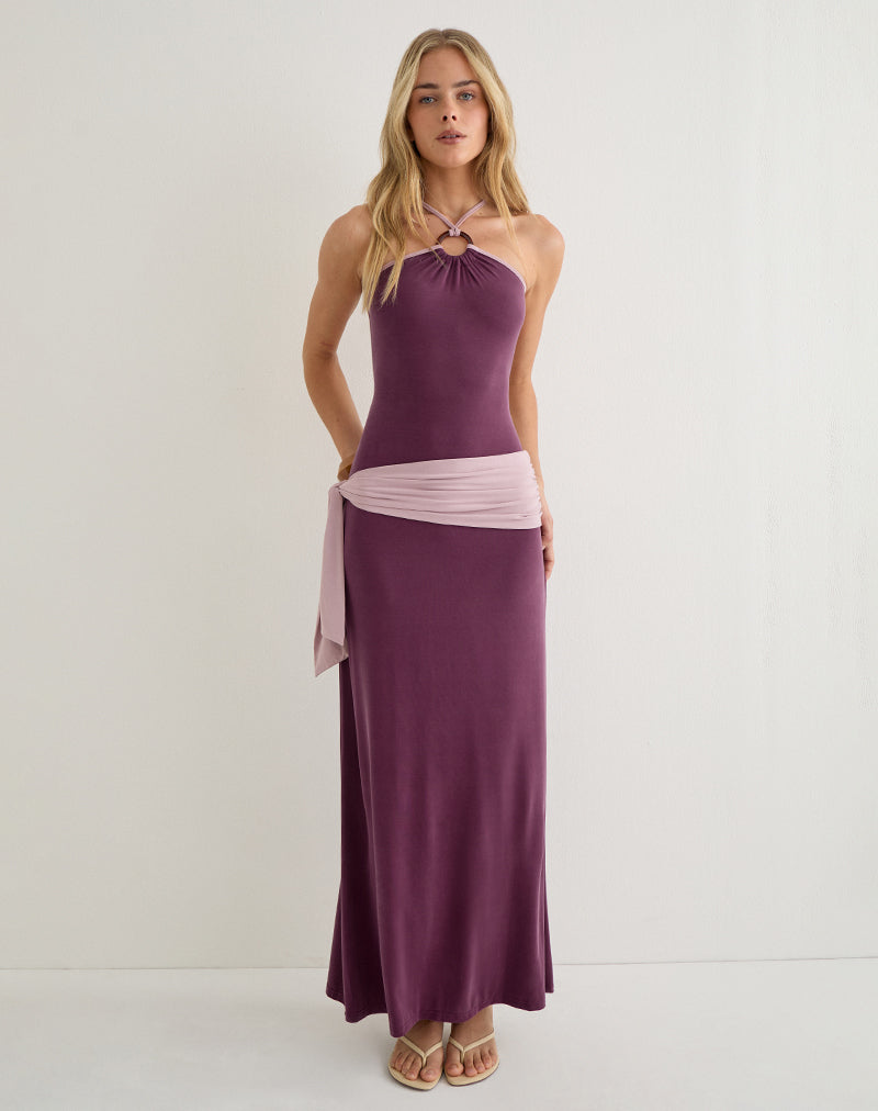 Moisa Maxi Dress in Cupro Deep Purple and Dusty Pink