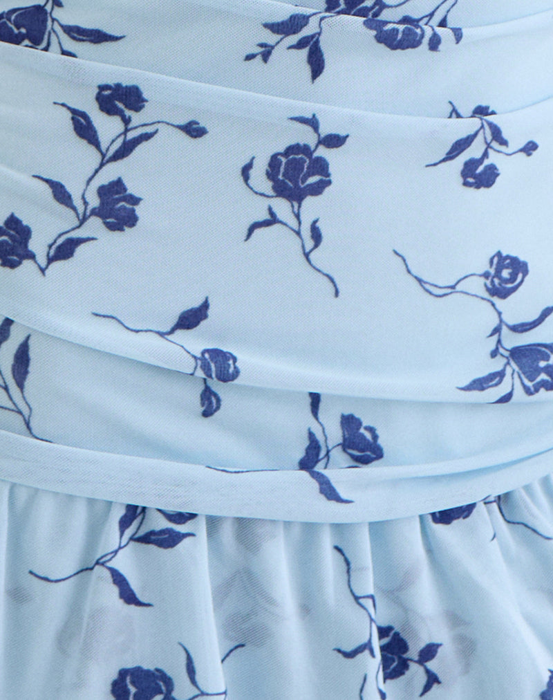 Mowgli Cap Sleeve Mini Dress in Thin Leafy Blue