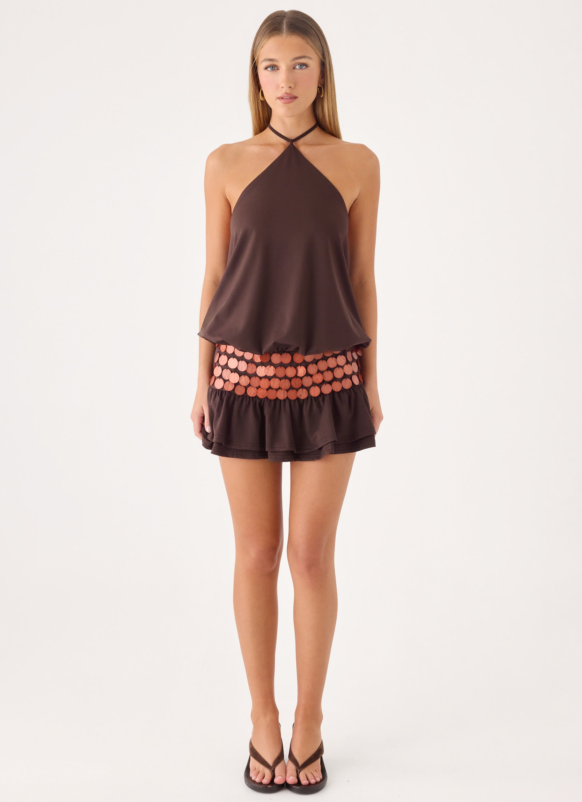 Melosa Beaded Halter Mini Dress - Chocolate