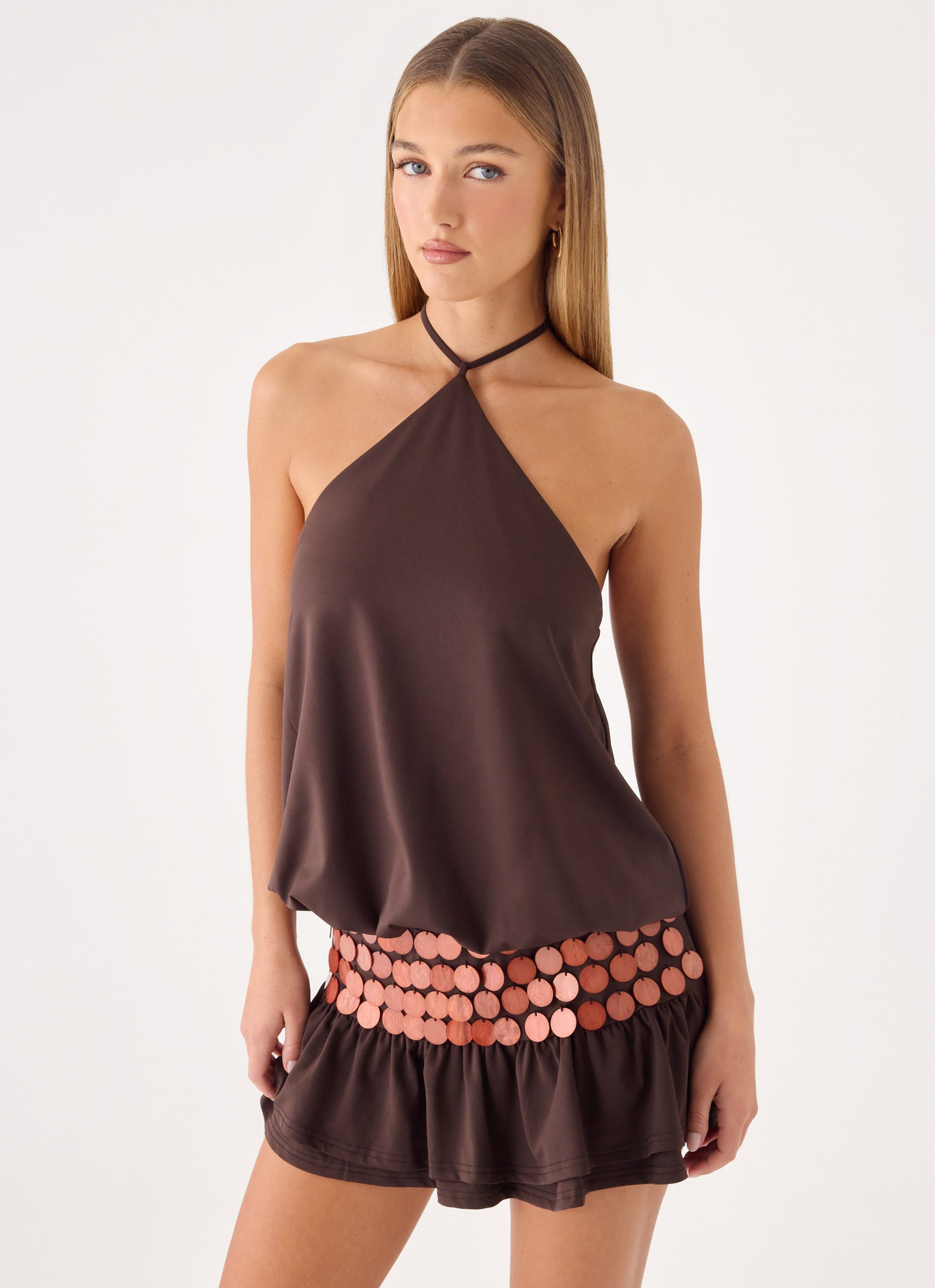 Melosa Beaded Halter Mini Dress - Chocolate