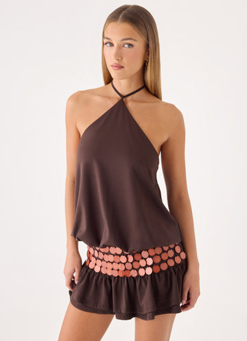 Melosa Beaded Halter Mini Dress - Chocolate