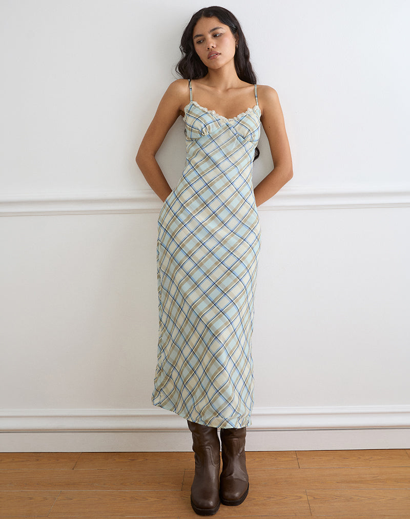 Naska Maxi Dress in Chiffon Vintage Blue Check