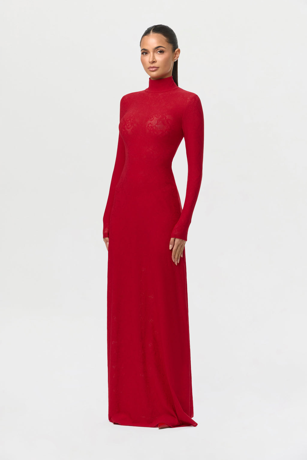 Stretch Lace Turtleneck Maxi Dress