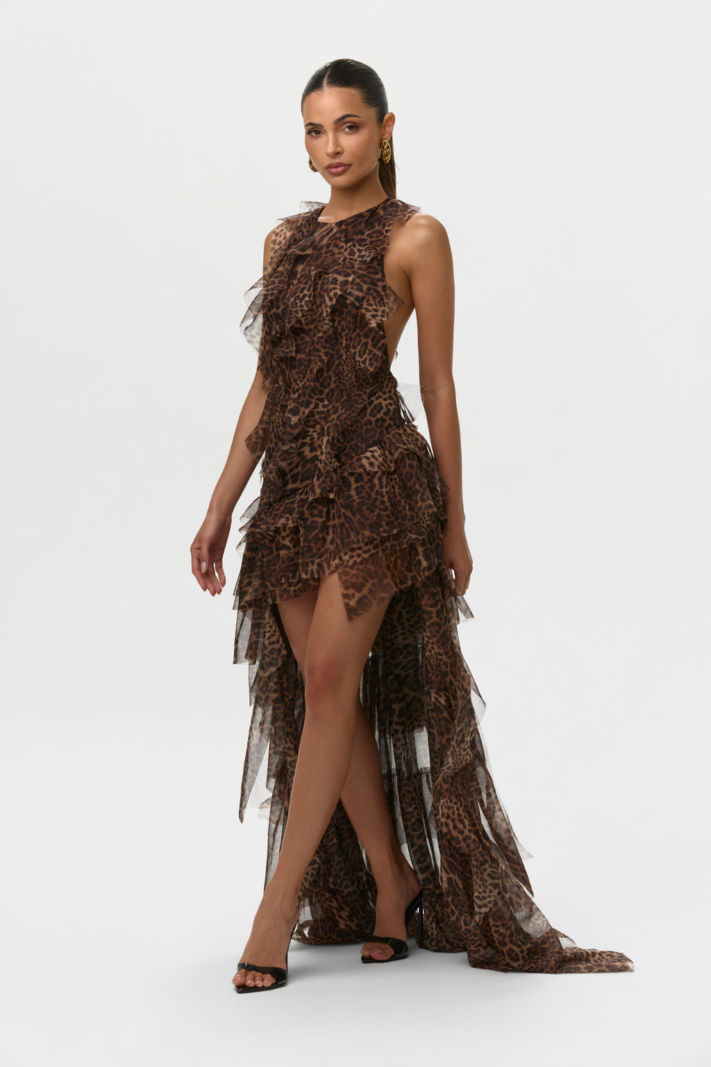 Chiffon Print Asymmetric Ruffle Dress