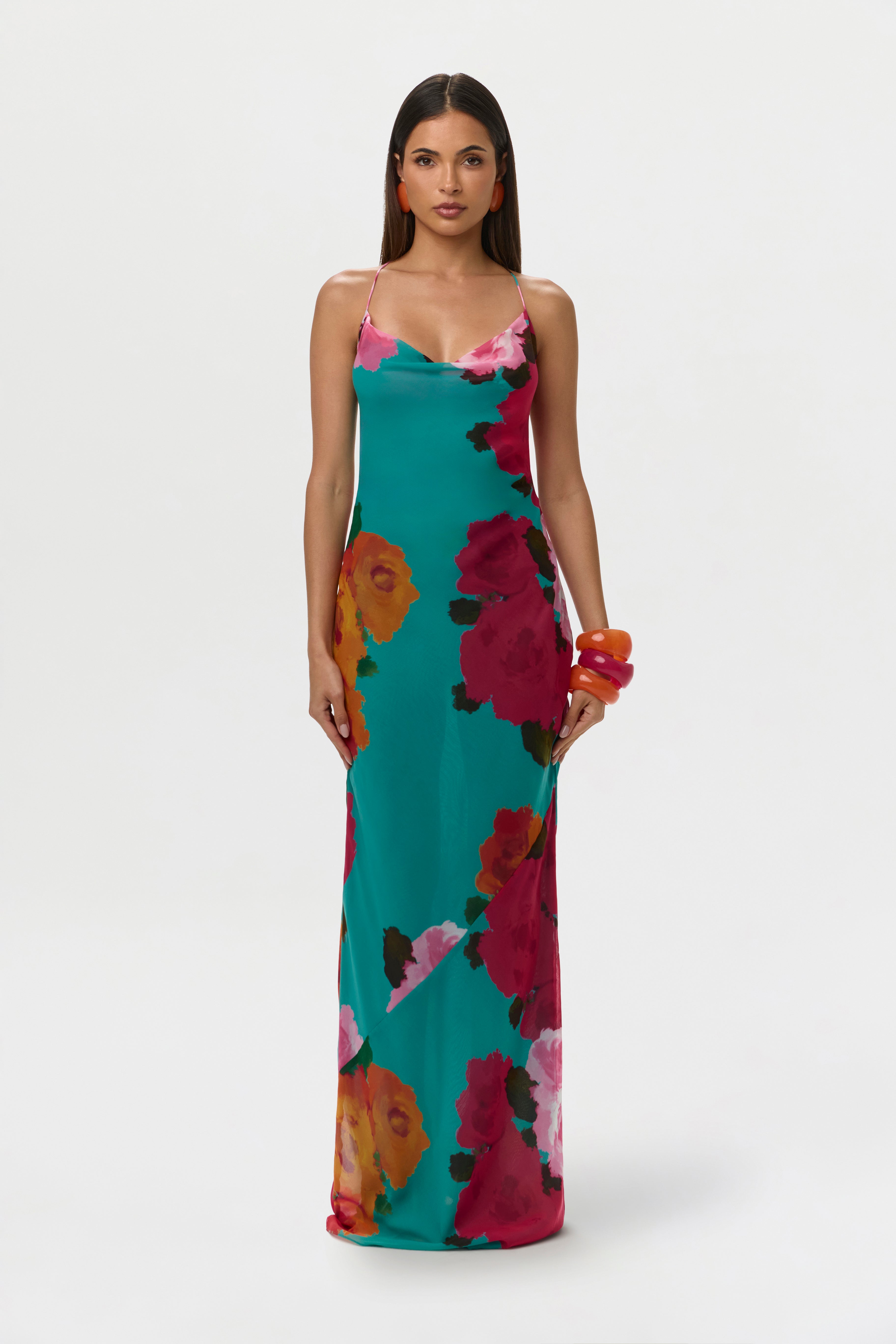 Chiffon Print Open Back Maxi Dress