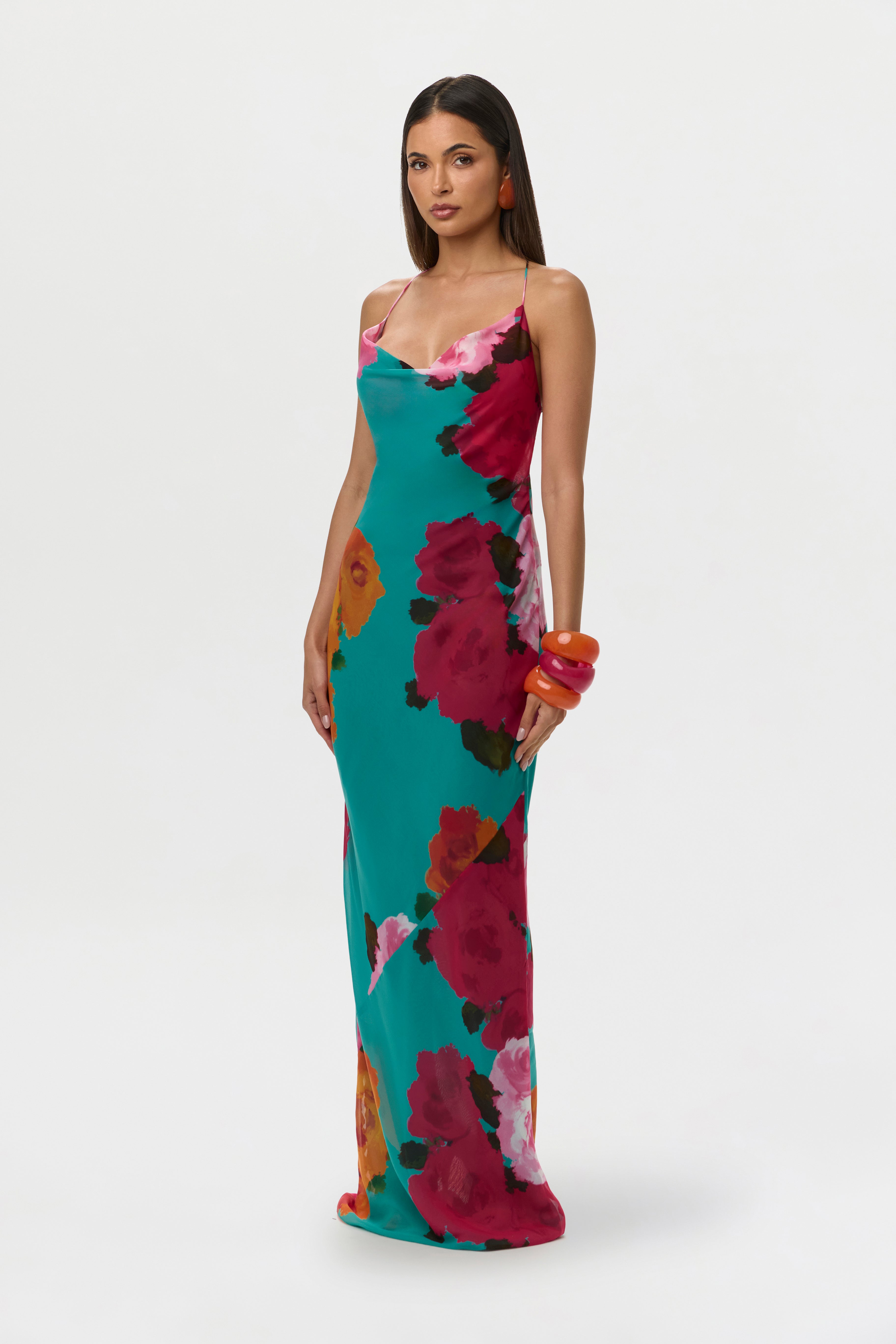 Chiffon Print Open Back Maxi Dress