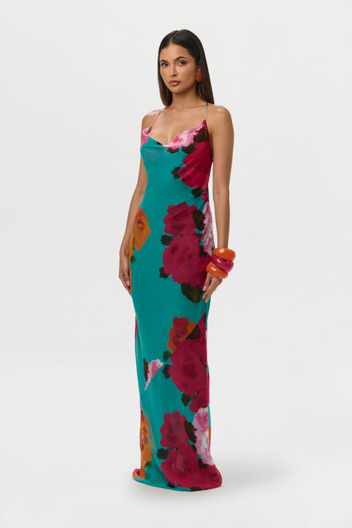 Chiffon Print Open Back Maxi Dress