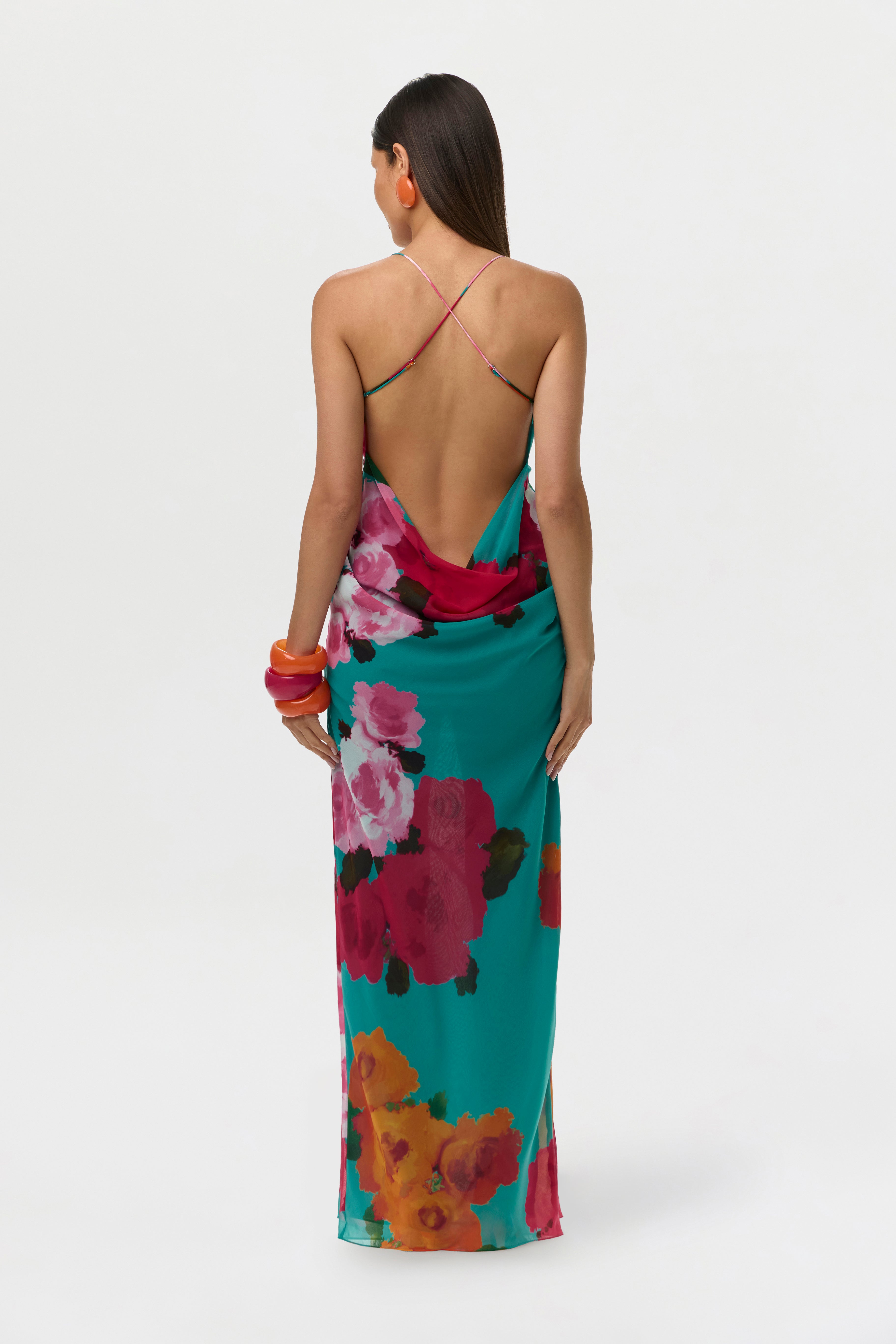 Chiffon Print Open Back Maxi Dress