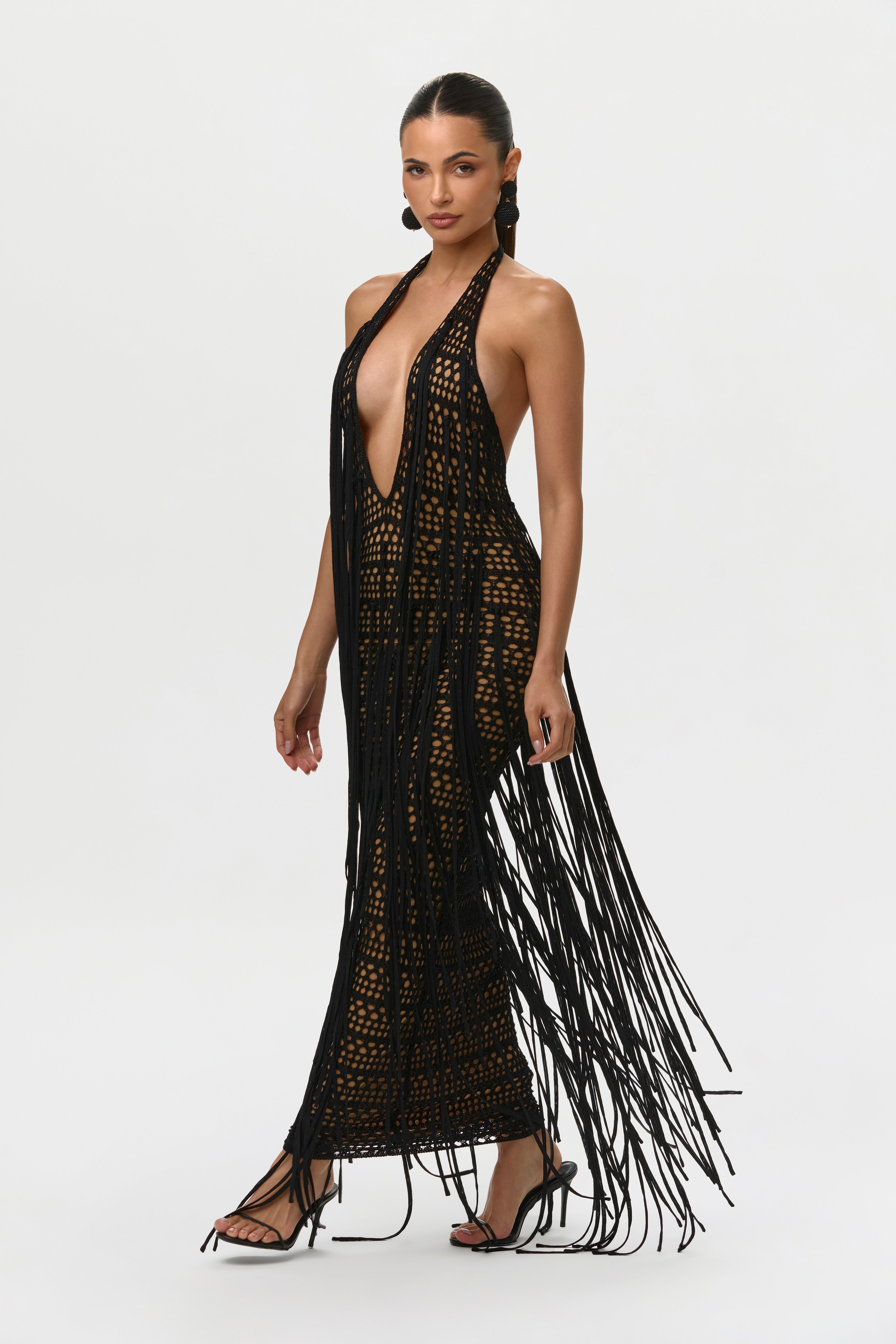 Crochet Plunge Fringe Maxi Dress