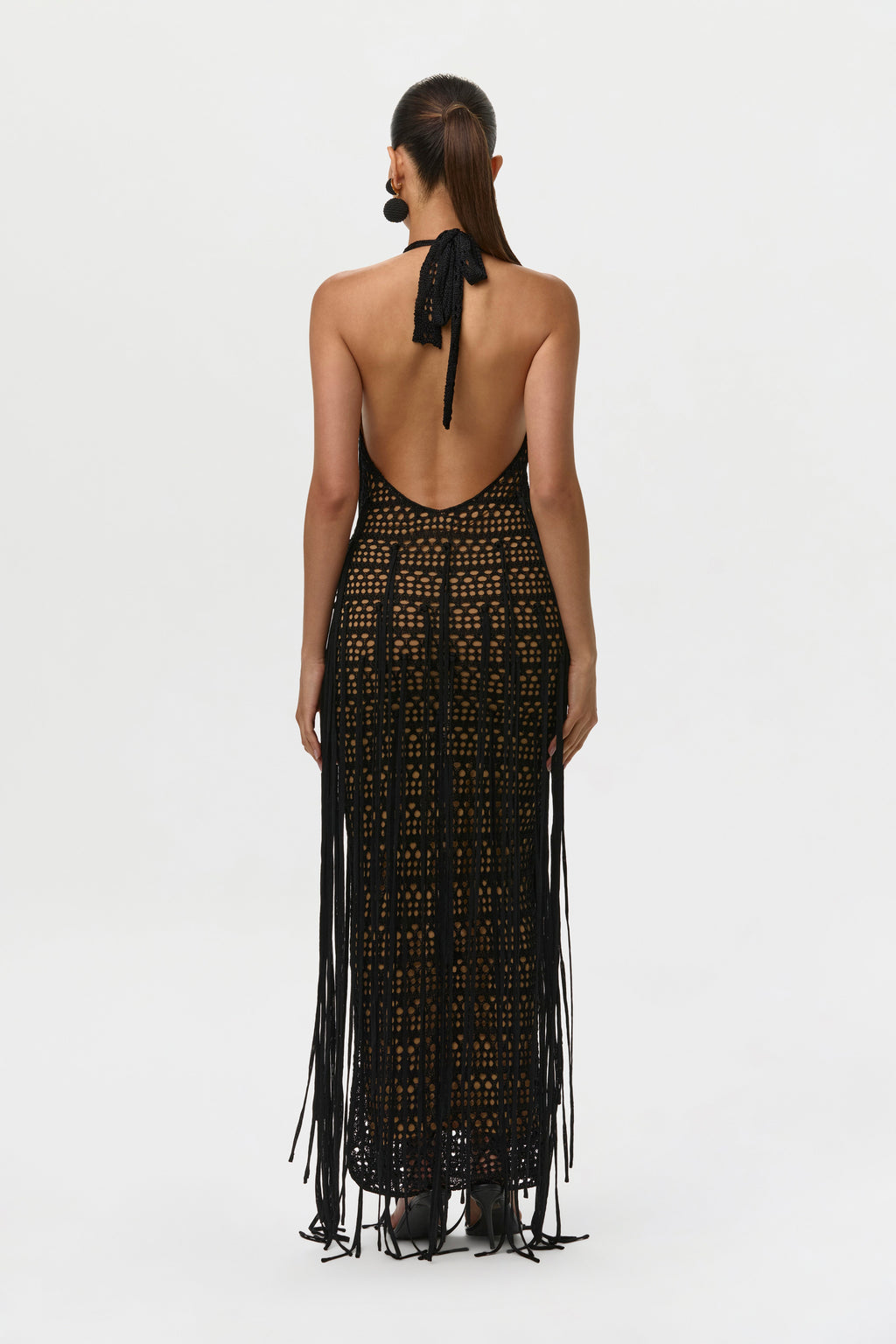 Crochet Plunge Fringe Maxi Dress