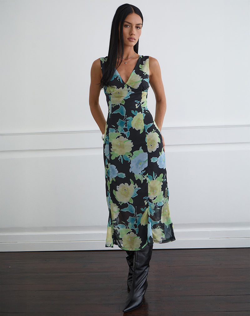 Olydia Midi Dress in Black Chiffon with Crystal Flower Print