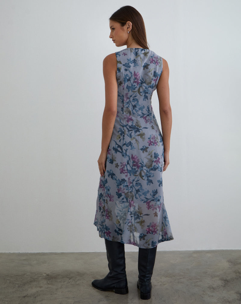 Olydia Midi Dress in Chiffon Shadow Lily Blue