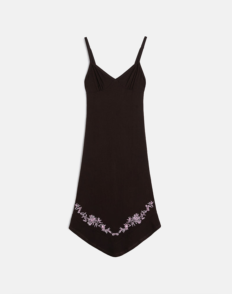 Quelin Midi Dress in Chocolate Brown with Rose Embroidery