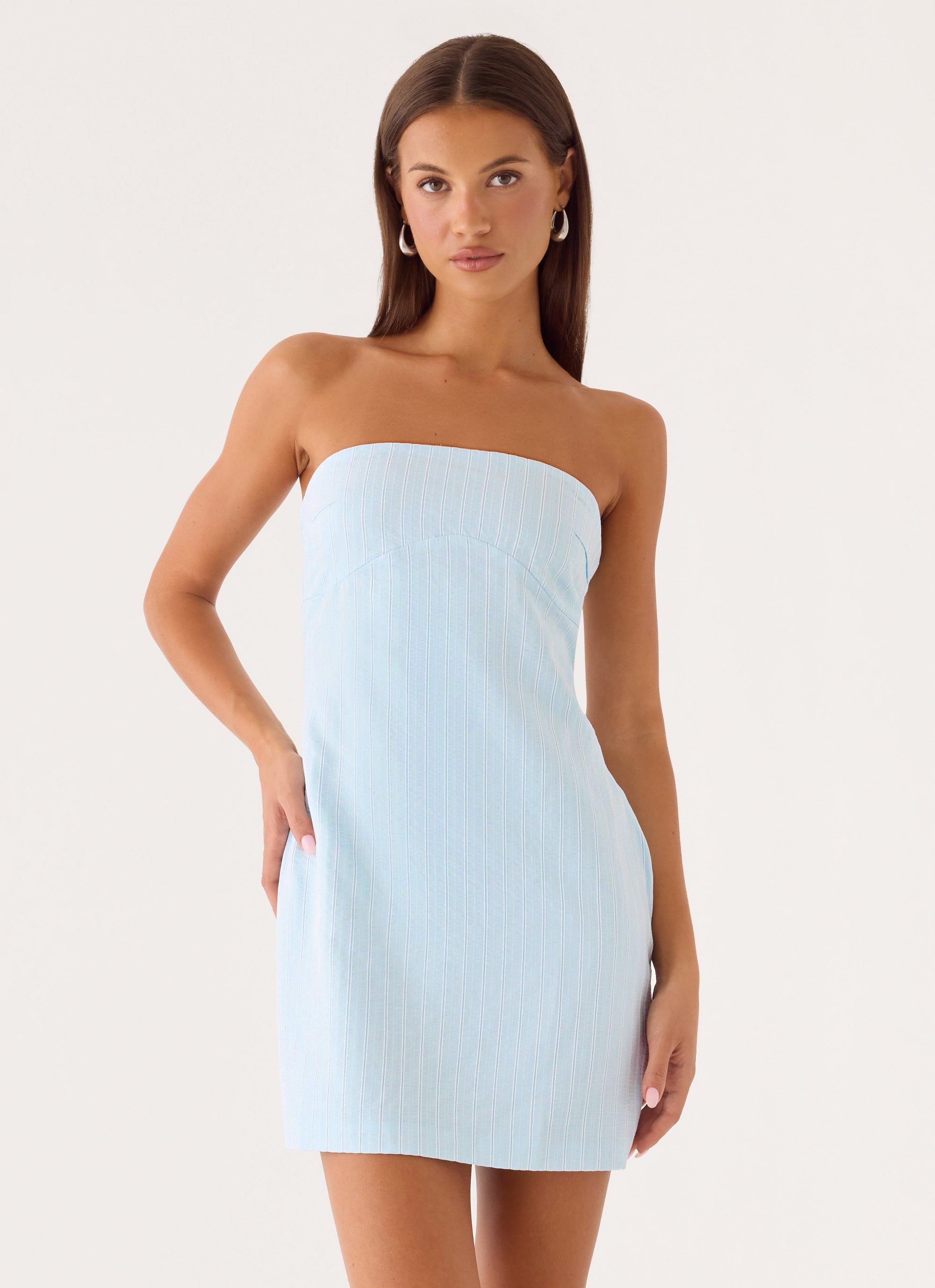 Reinna Cotton Strapless Mini Dress - Baby Blue Stripe