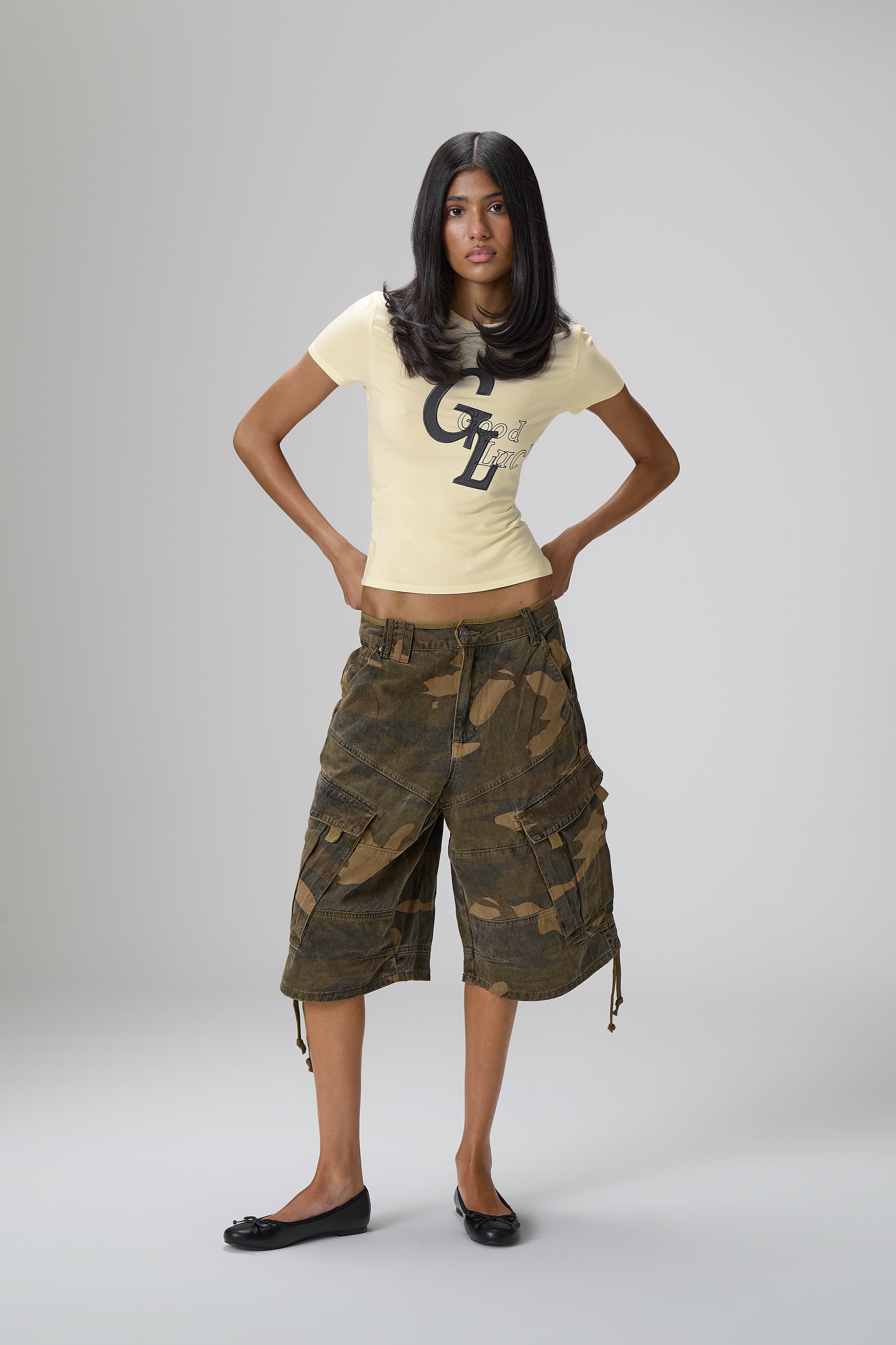 Good Luck Stretch Baby Tee in Yellow