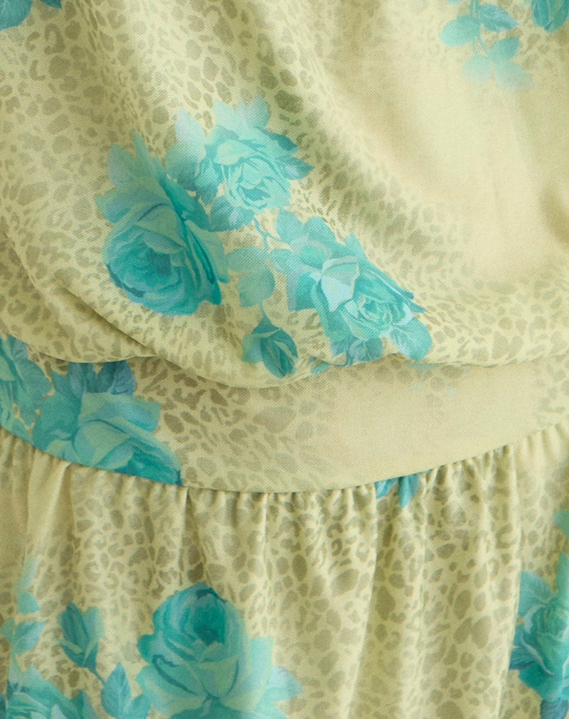 Sunyi Mini Dress in Green Blurred Jungle with Turquoise Rose