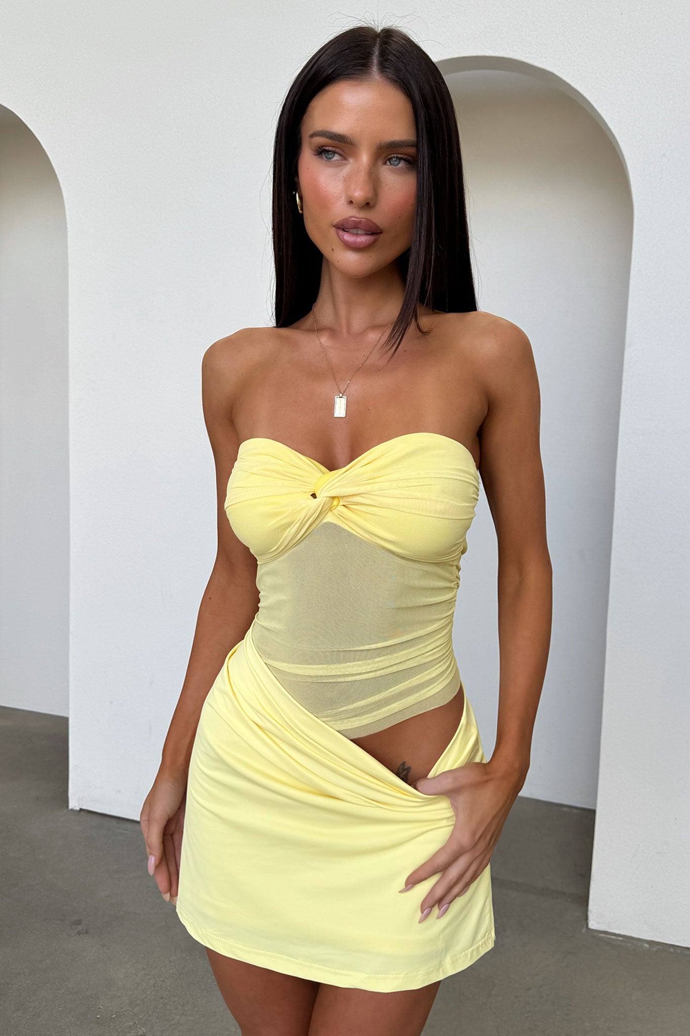 Alfi Strapless Cowl Waist Mini Dress - Dusty Yellow
