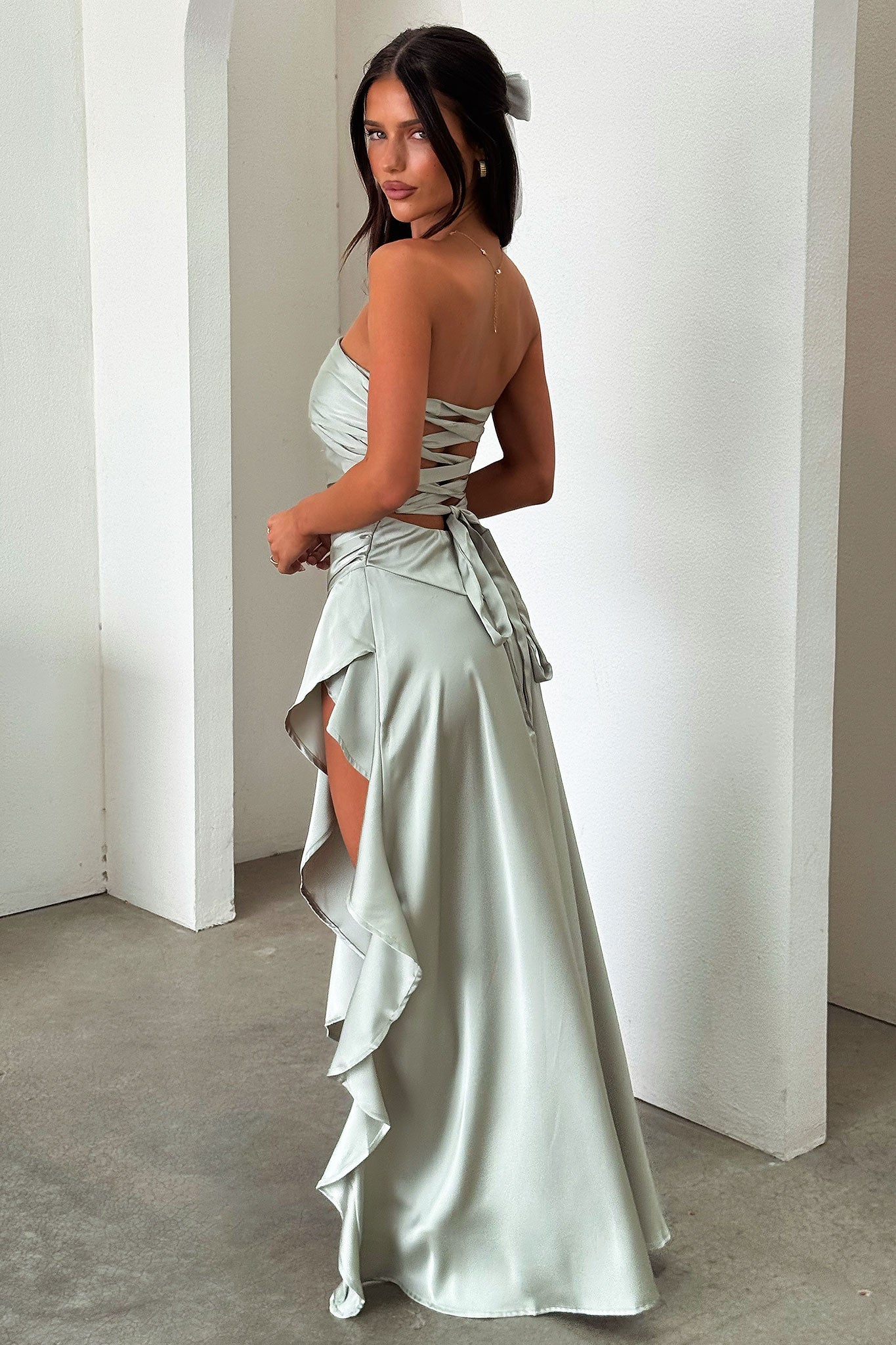 Carly Strapless Satin Maxi Dress - Sage