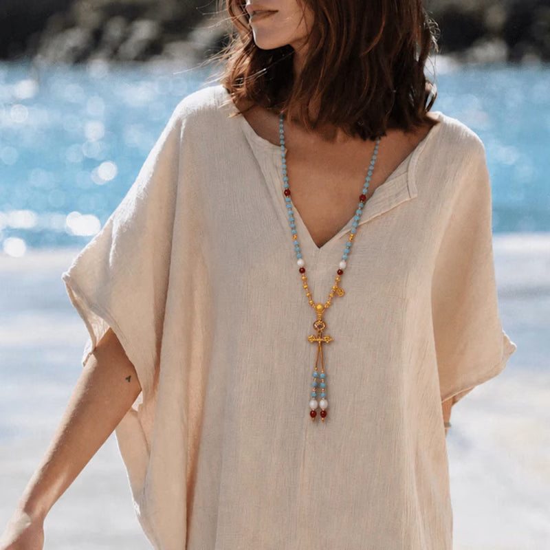 Dakini Blue Turquoise & Carnelian Beaded Tassel Necklace