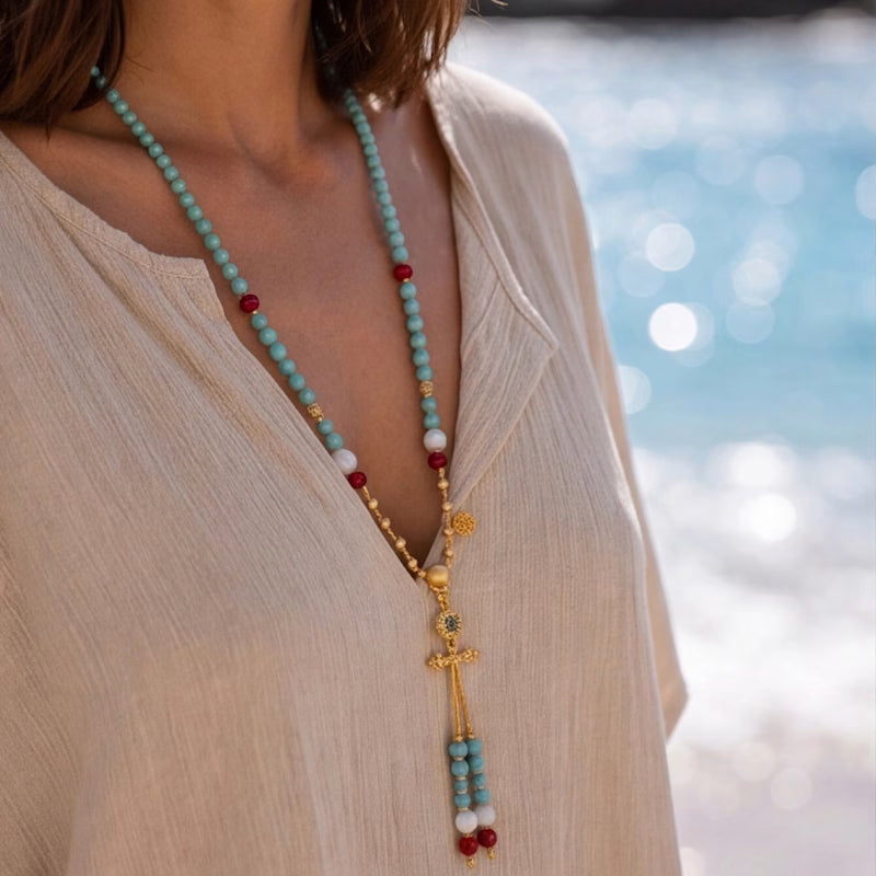 Dakini Blue Turquoise & Carnelian Beaded Tassel Necklace