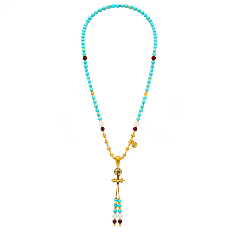 Dakini Blue Turquoise & Carnelian Beaded Tassel Necklace
