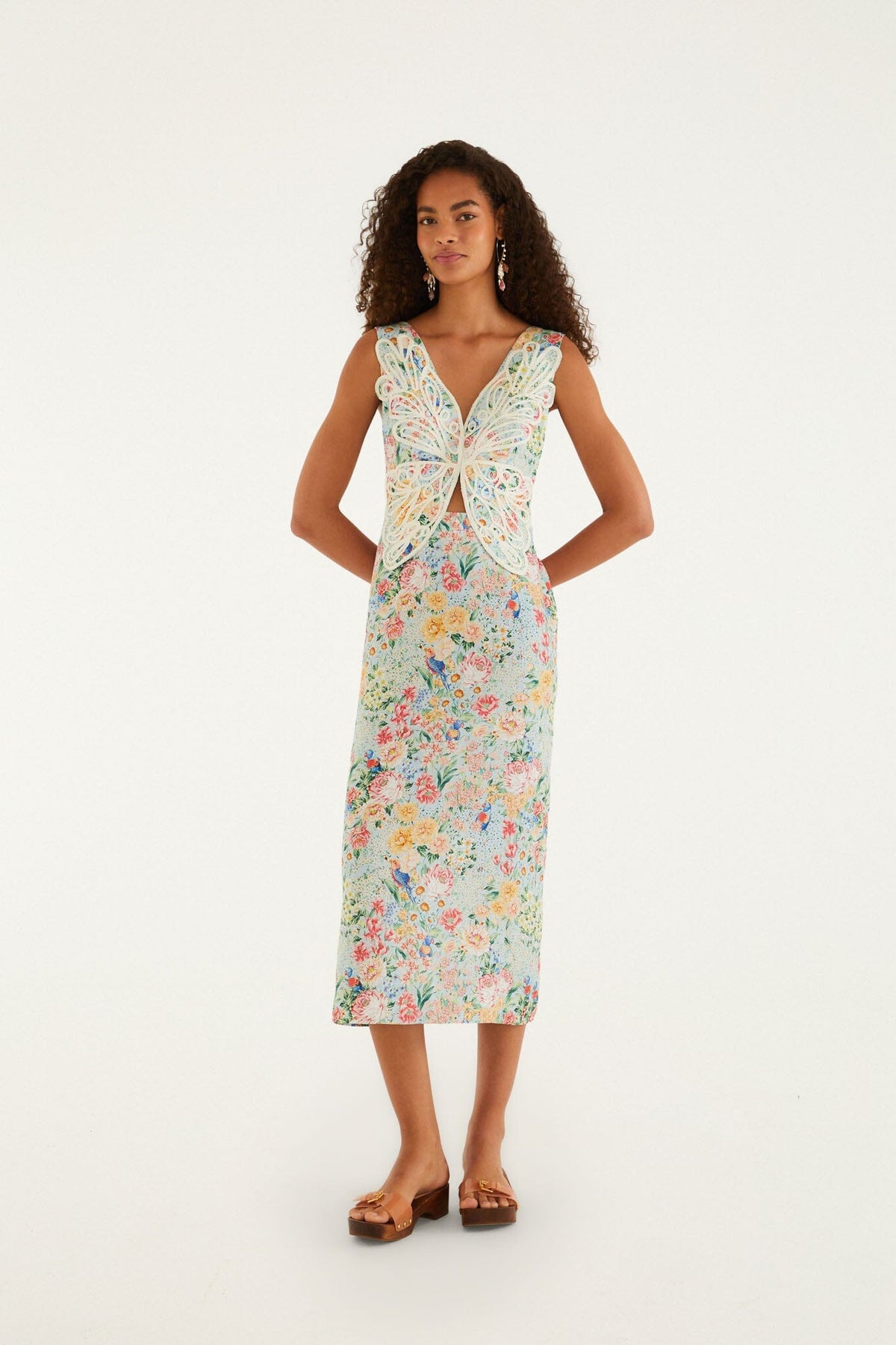 Multicolor Rendeira 3D Bodice  Midi Dress