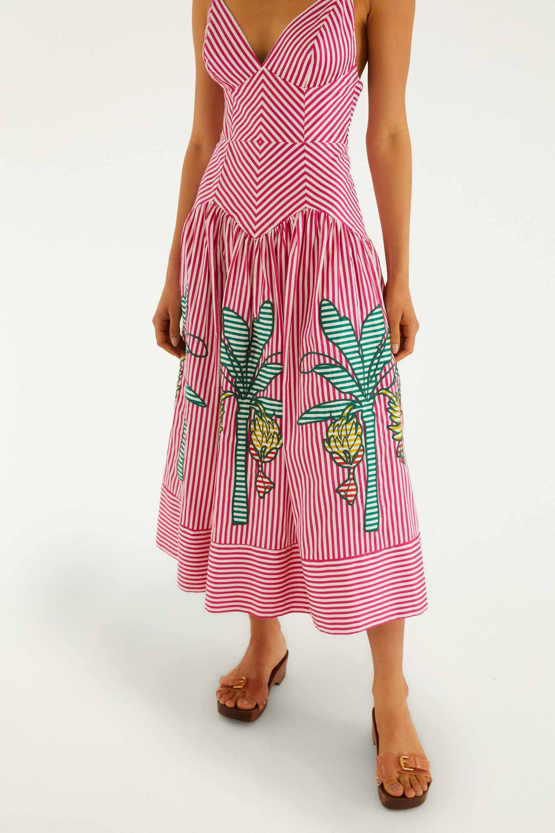 Pink Palm Tree Stripes Cutwork  Midi Dress