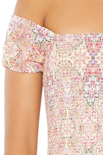 Smocked Ornate Print Mini Dress