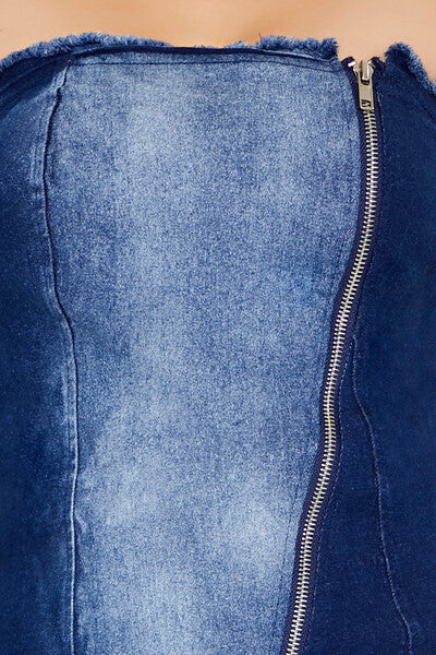 Zip-Up Denim Tube Mini Dress